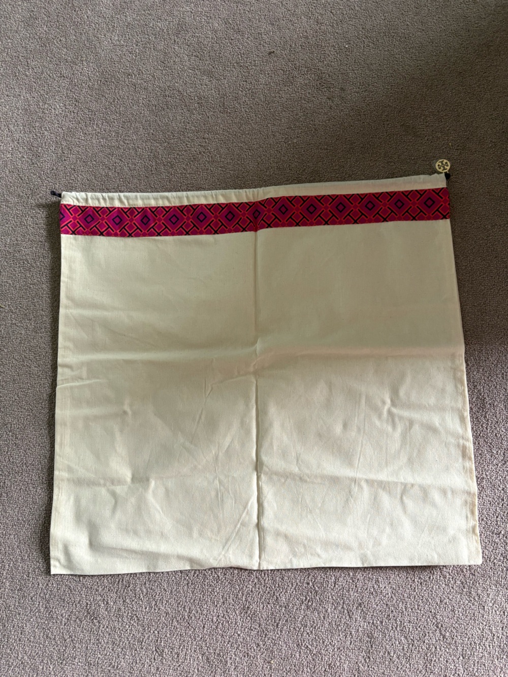 TORY BURCH Cream Canvas Dust Bag with Pink Geometric Trim